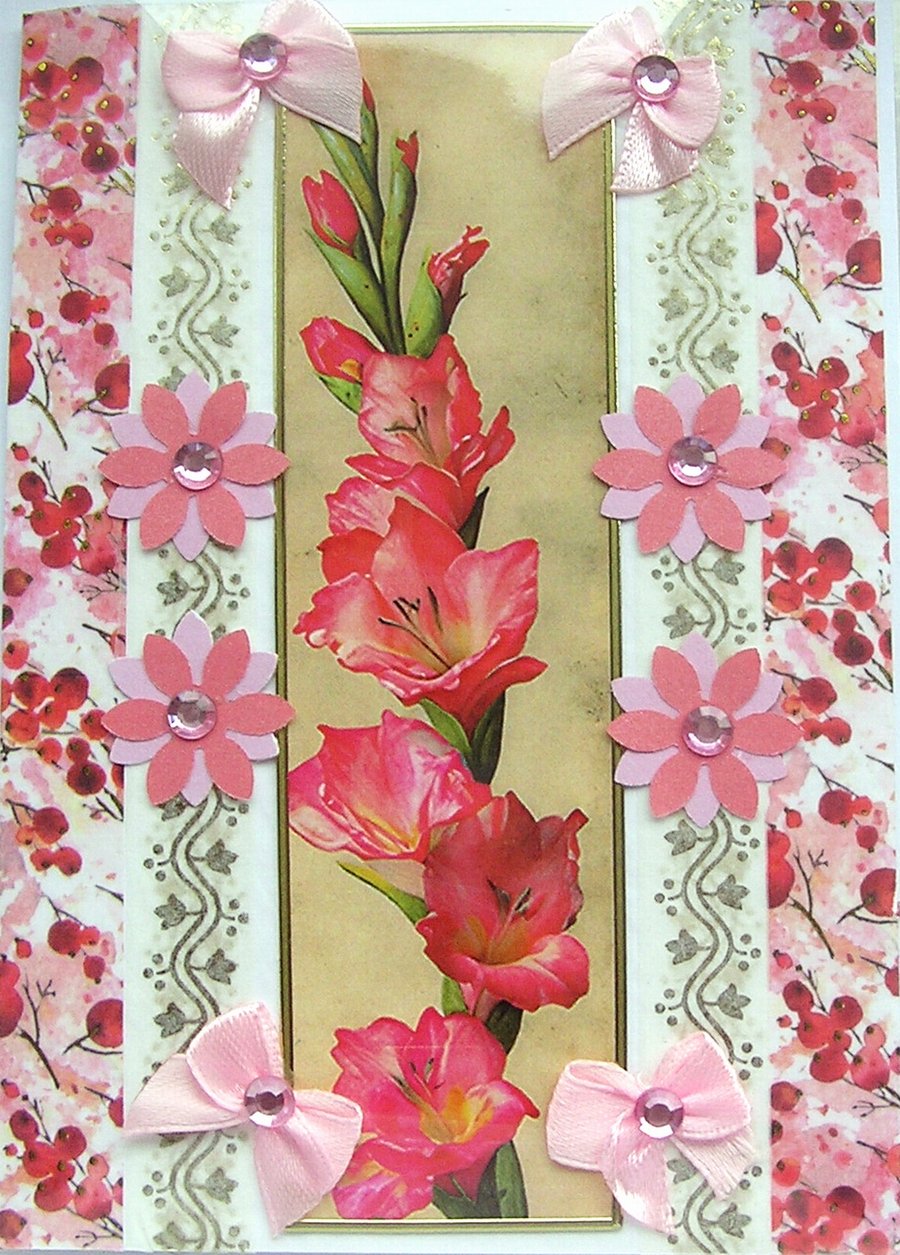 Pink Gladioli Flower - Hand Crafted Decoupage Greeting Card - Blank 3269