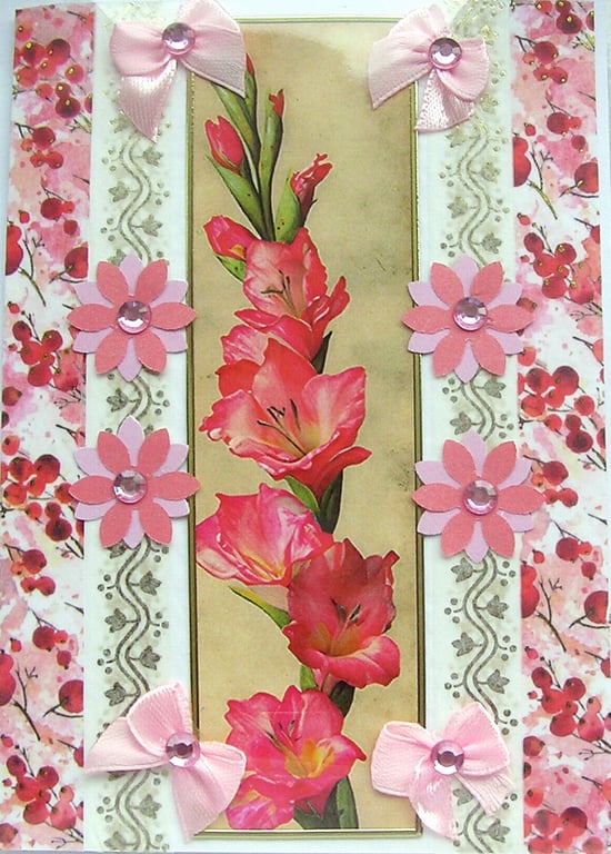 Pink Gladioli Flower - Hand Crafted Decoupage Greeting Card - Blank 3269