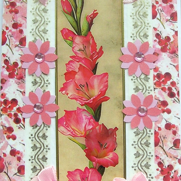 Pink Gladioli Flower - Hand Crafted Decoupage Greeting Card - Blank 3269