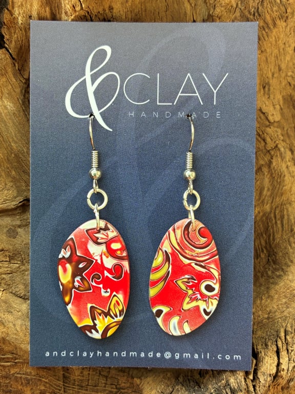 Asymmetric Mokume Gane Burnt Orange, Yellow, Brown and White Drop Earrings