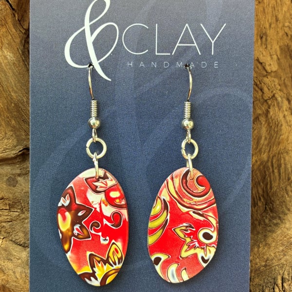 Asymmetric Mokume Gane Burnt Orange, Yellow, Brown and White Drop Earrings