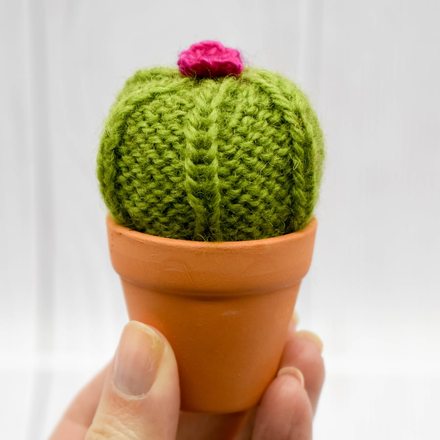 Hand Knitted Cactus with Pink Bloom in terracotta pot -  Pin cushion