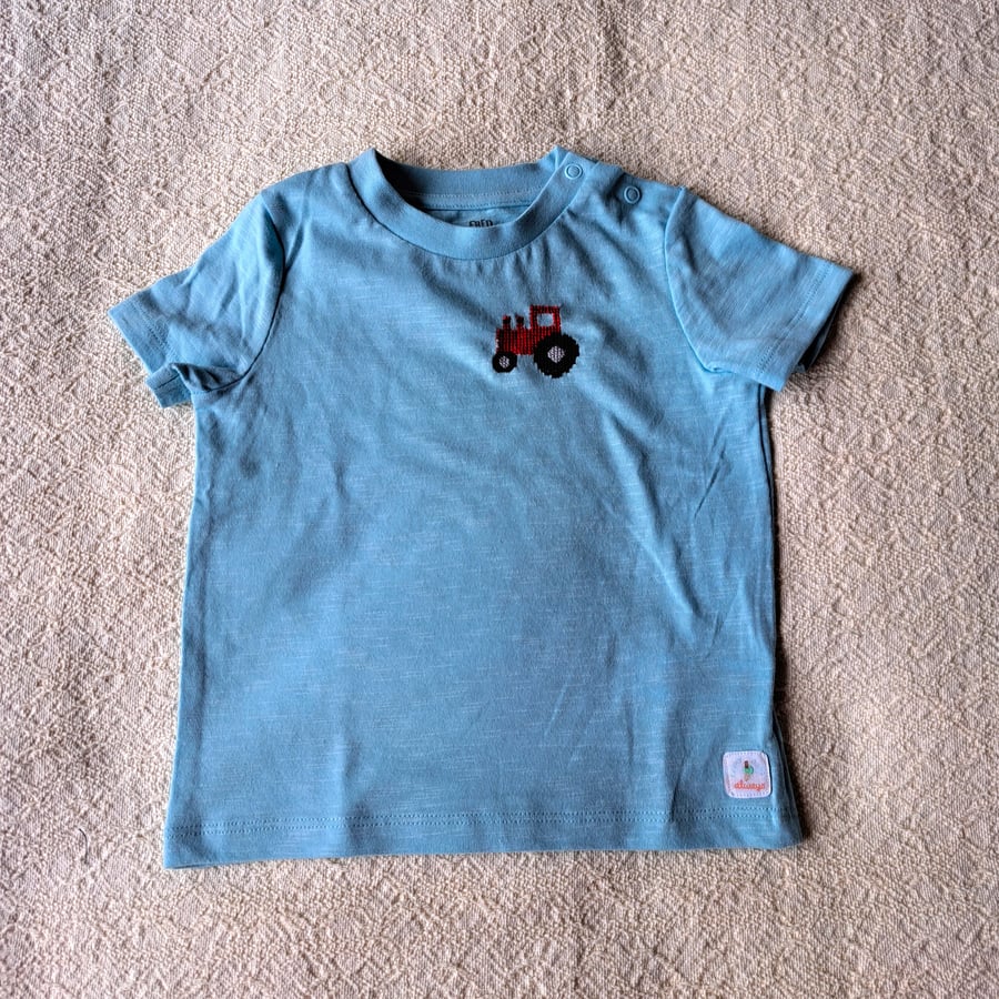 Tractor, T-shirt, age 9-12 months, hand embroidered