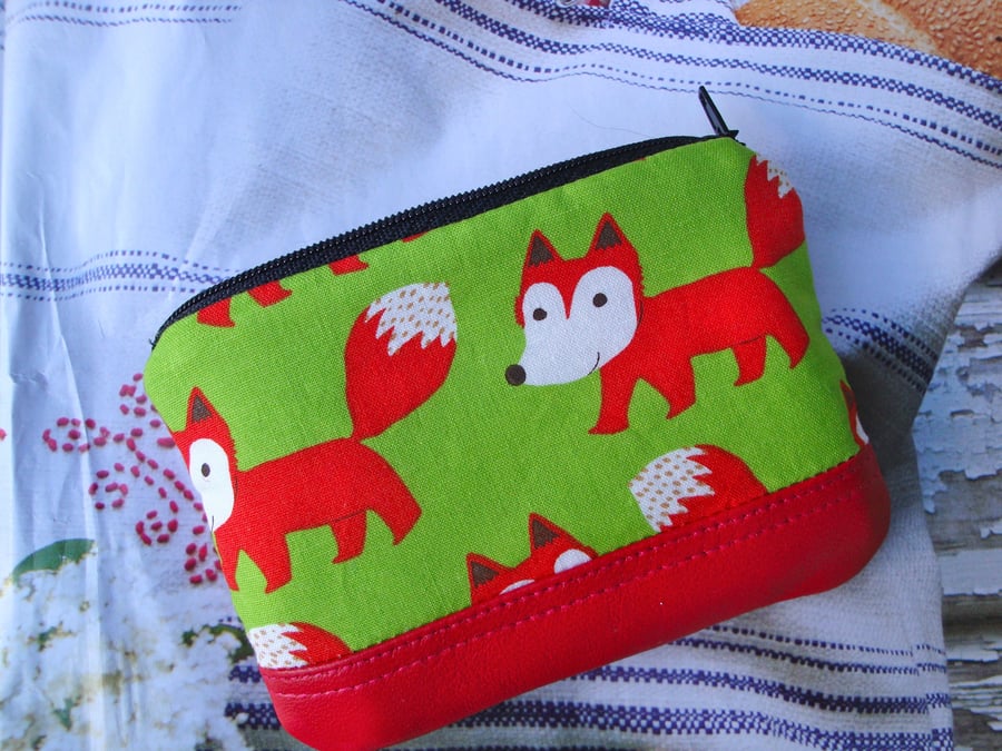 SALE Red Leather and   'Foxy ' Cotton Purse .