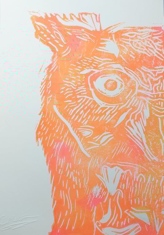 Neon Orange Screech Owl - A4 original lino print