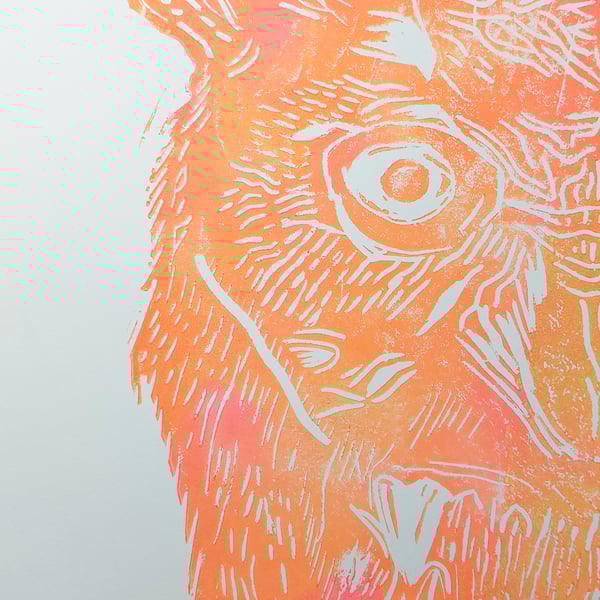 Neon Orange Screech Owl - A4 original lino print