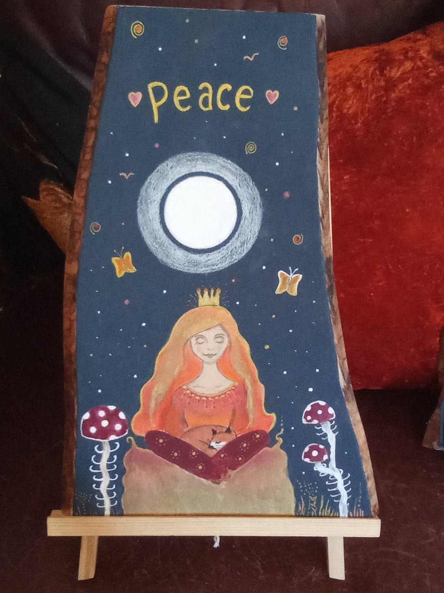 Painted wood piece "Peace" with display stand 
