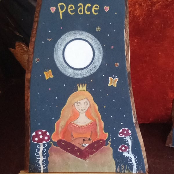 Painted wood piece "Peace" with display stand 