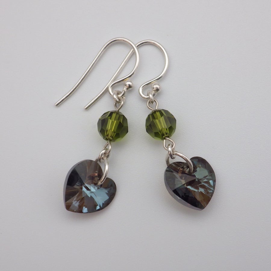 Glittering silver Swarovski heart earrings with olivine faceted round beads