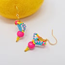 Bright Pink, Turquoise and Yellow Beaded Dangle Earrings 