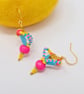 Bright Pink, Turquoise and Yellow Beaded Dangle Earrings  - Image 1