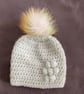 Matching ladies and baby green crocheted hats with detachable faux fur pompoms  - Image 5