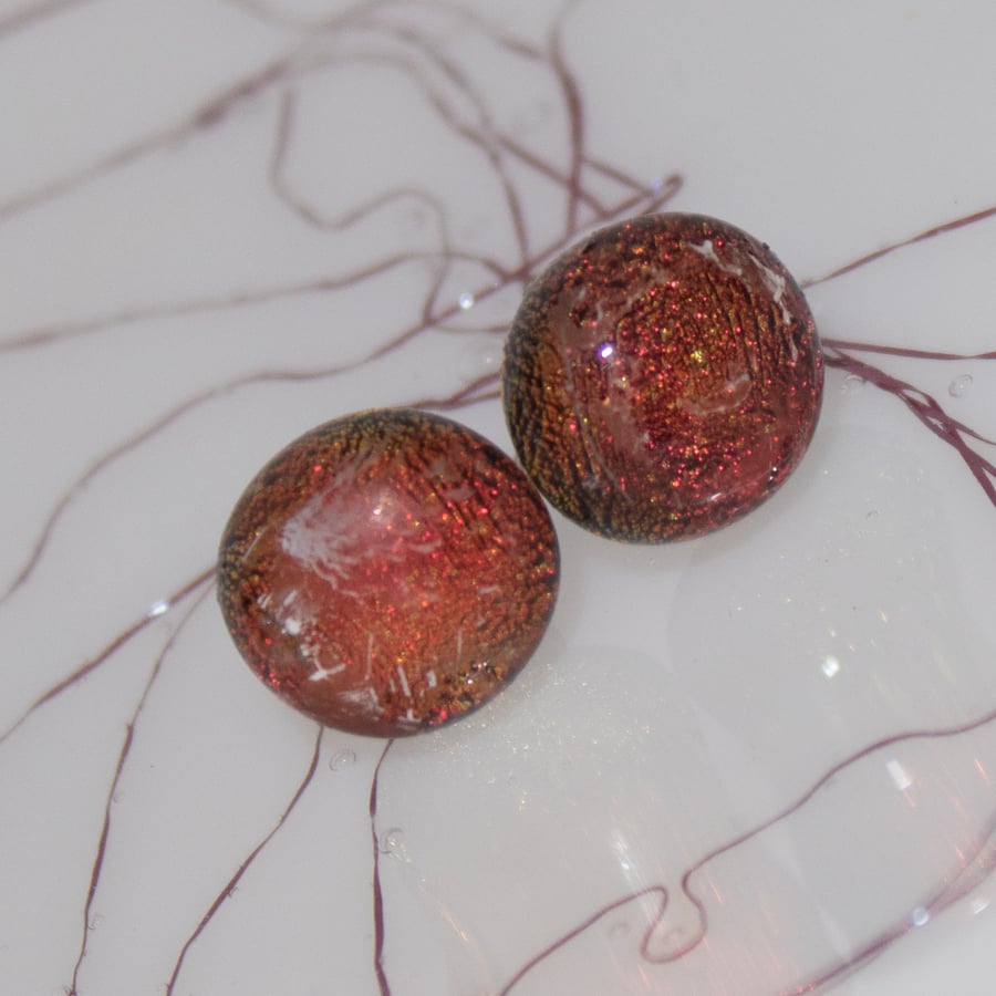 Red Dichroic Glass Earrings on Sterling Silver Studs - 2029