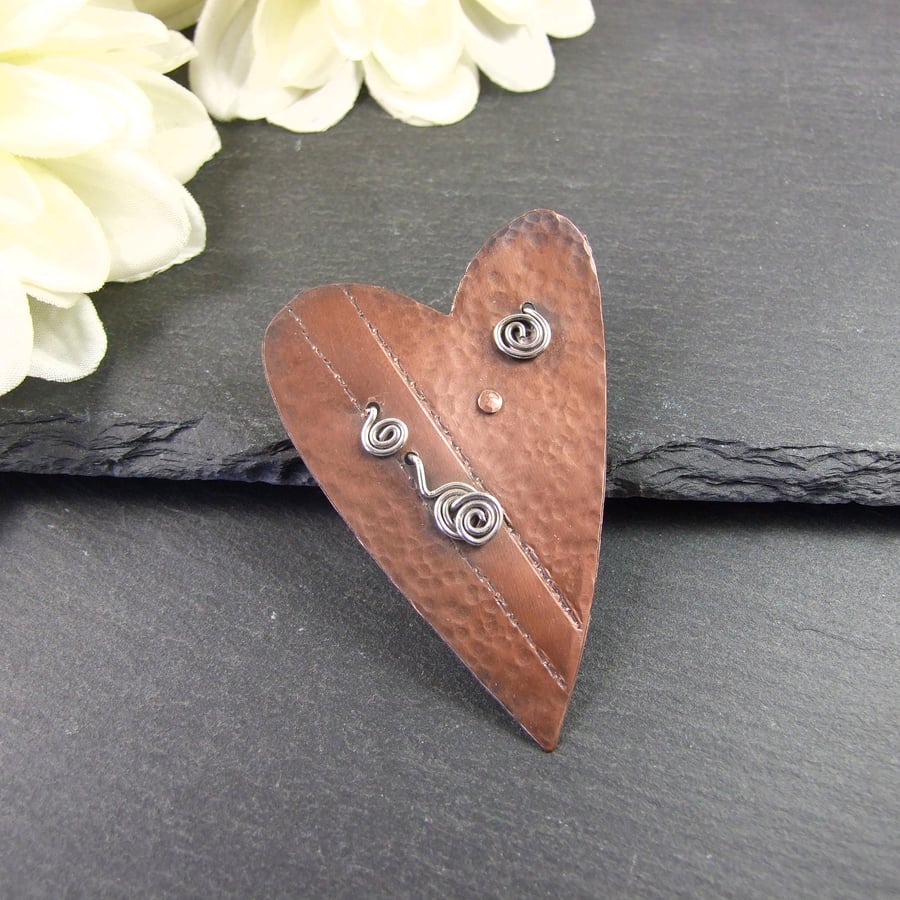 Heart Brooch, Artisan Design Copper & Sterling Silver