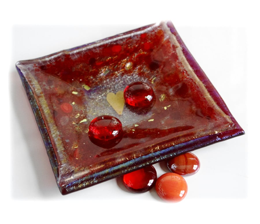 Candle Plate Fused Glass 12cm Red Gold