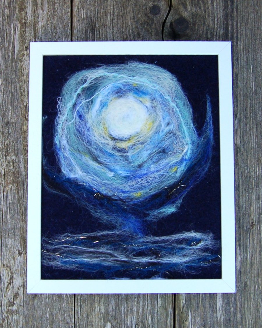 Full moon rising over the sea - Needlefelt wool painting