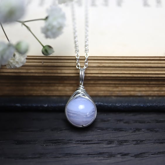 Blue Lace Agate Necklace Wire Wrapped in Sterling Silver