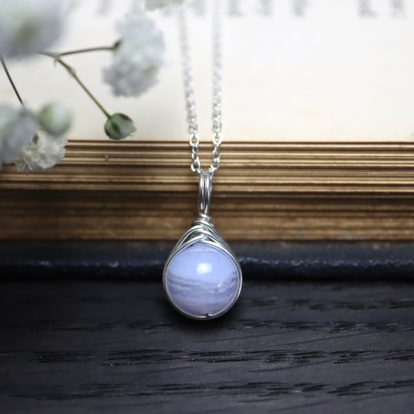 Blue Lace Agate Necklace Wire Wrapped in Sterling Silver