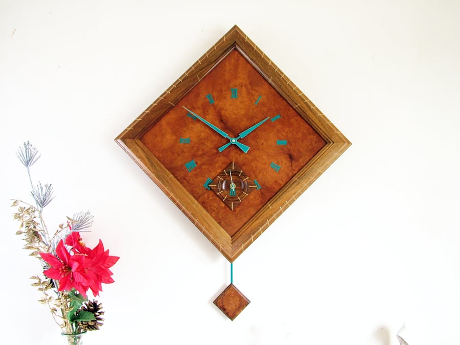 Large Pendulum Wall Clock in Burr Madrona and Inlaid Walnut with Seconds Dial