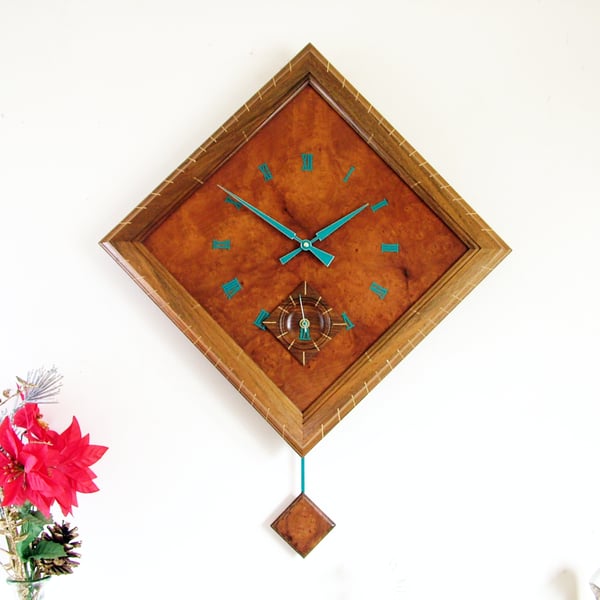 Large Pendulum Wall Clock in Burr Madrona and Inlaid Walnut with Seconds Dial