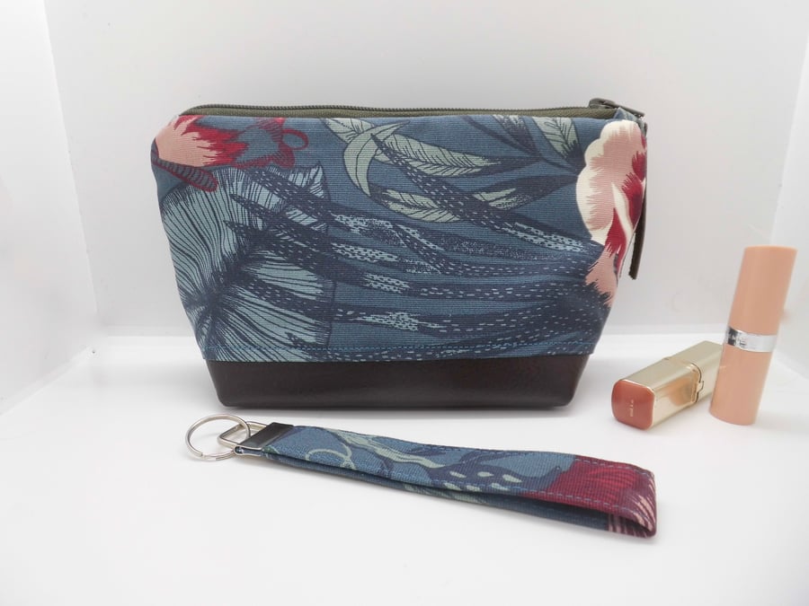 Blue grey floral make up bag leather base with matching keyring 