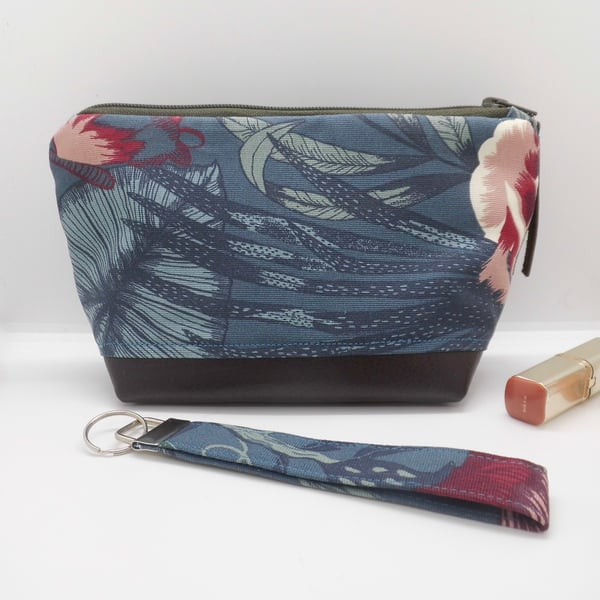 Blue grey floral make up bag leather base with matching keyring 