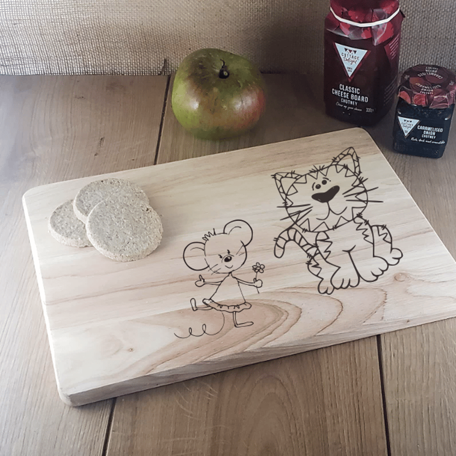 Daisy Mouse and Cat - Laser Engraved Wooden Cheese or Chopping Board