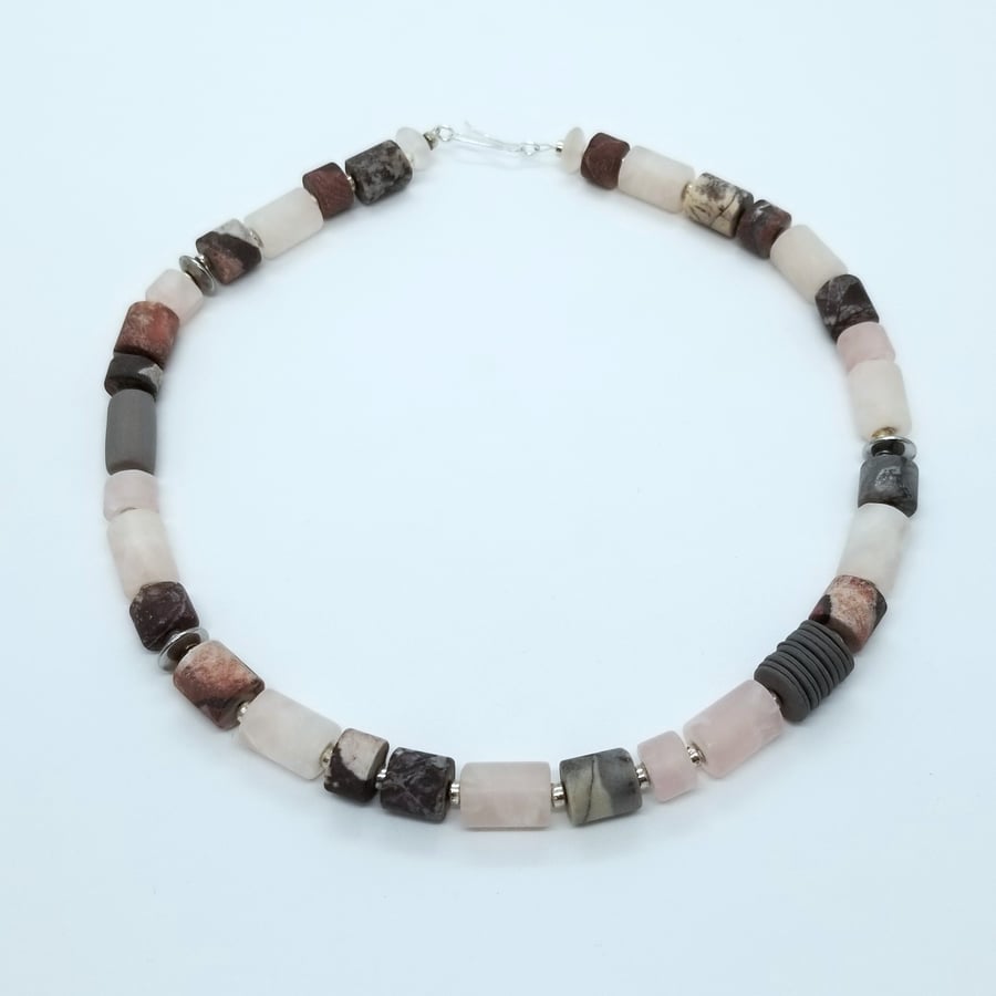 Porcelain Jasper, Rose Quartz Pink Tube Gemstone Necklace