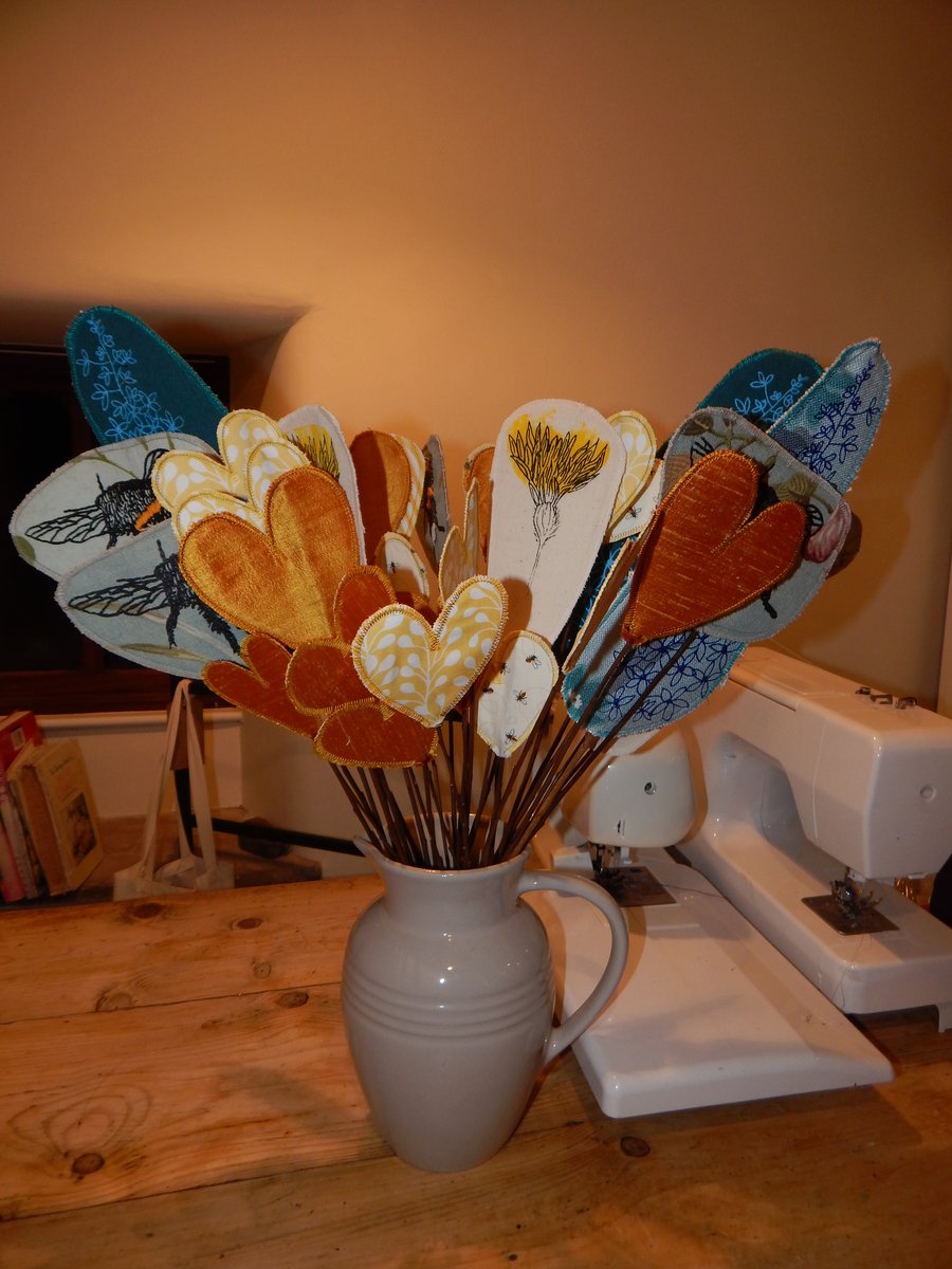 Bees,Delphiniums and hearts- fabric and willow flowers