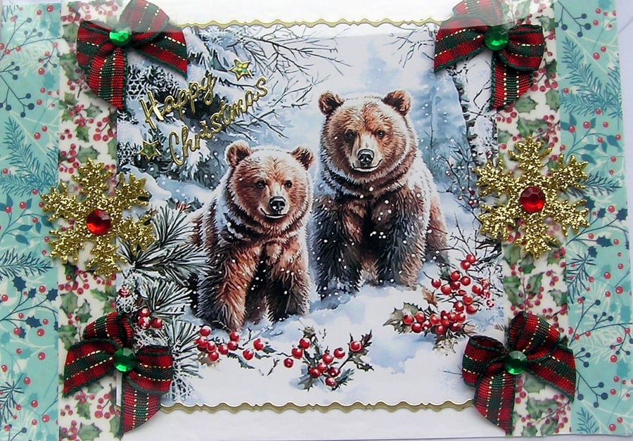 Hand Crafted Decoupage Chistmas Card - Happy Christmas (3409) - Bear Cub in Snow