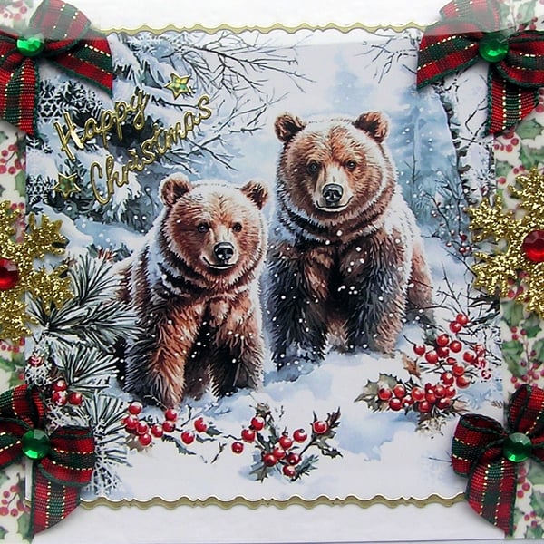 Hand Crafted Decoupage Chistmas Card - Happy Christmas (3409) - Bear Cub in Snow