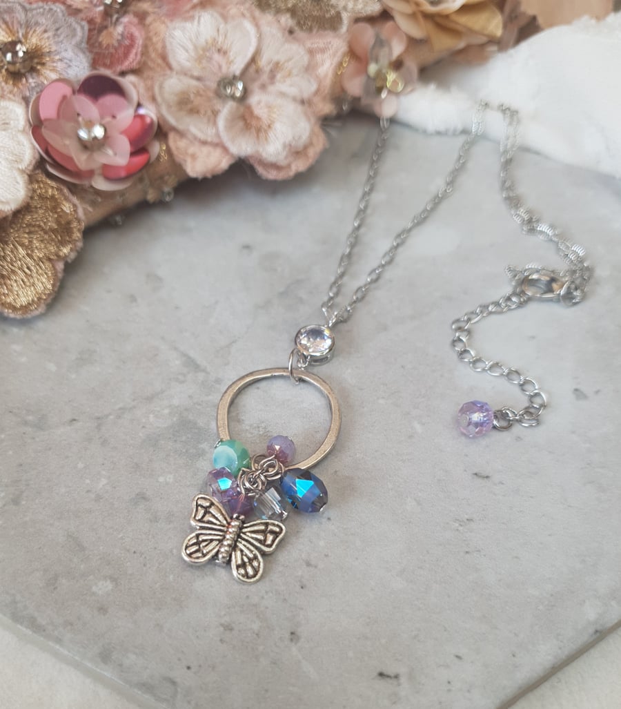 Sparkly Butterfly Beaded Charm Necklace with Crystal Connector & Embossed Chain
