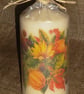 Decorated Candle Autumn Wreath Pumpkins Sunflowers Napkin Decoupage Unusual - Image 1