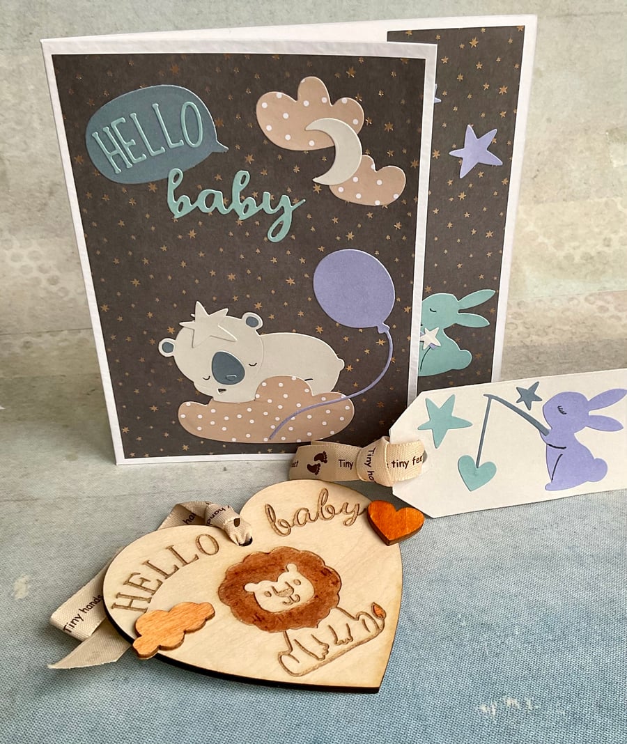 New Baby. New Baby Card, Gift Tag and wooden Keepsake. For Him or Her.