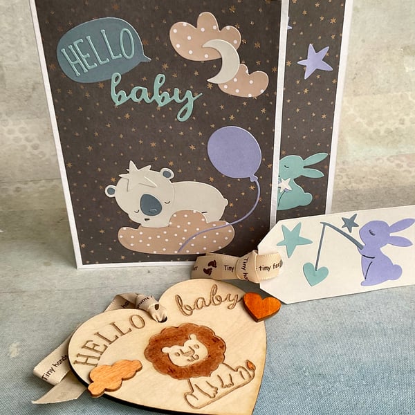 New baby card, gift tag and wooden keepsake.