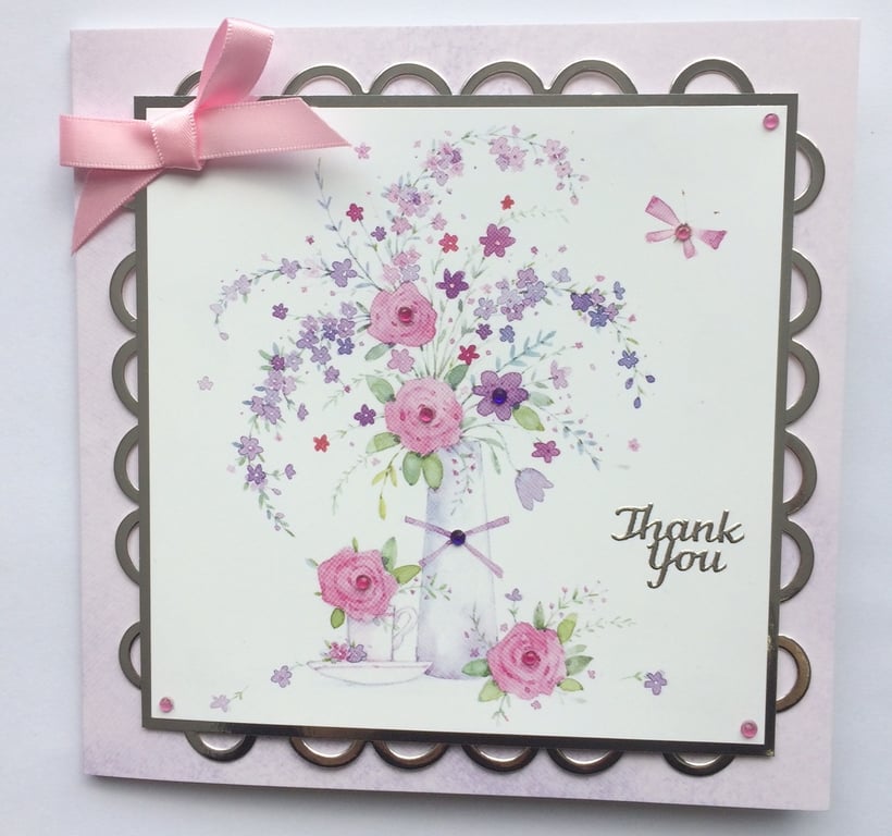 Thank You Card Vase of Summer Roses Tea and Flowers - Thank You