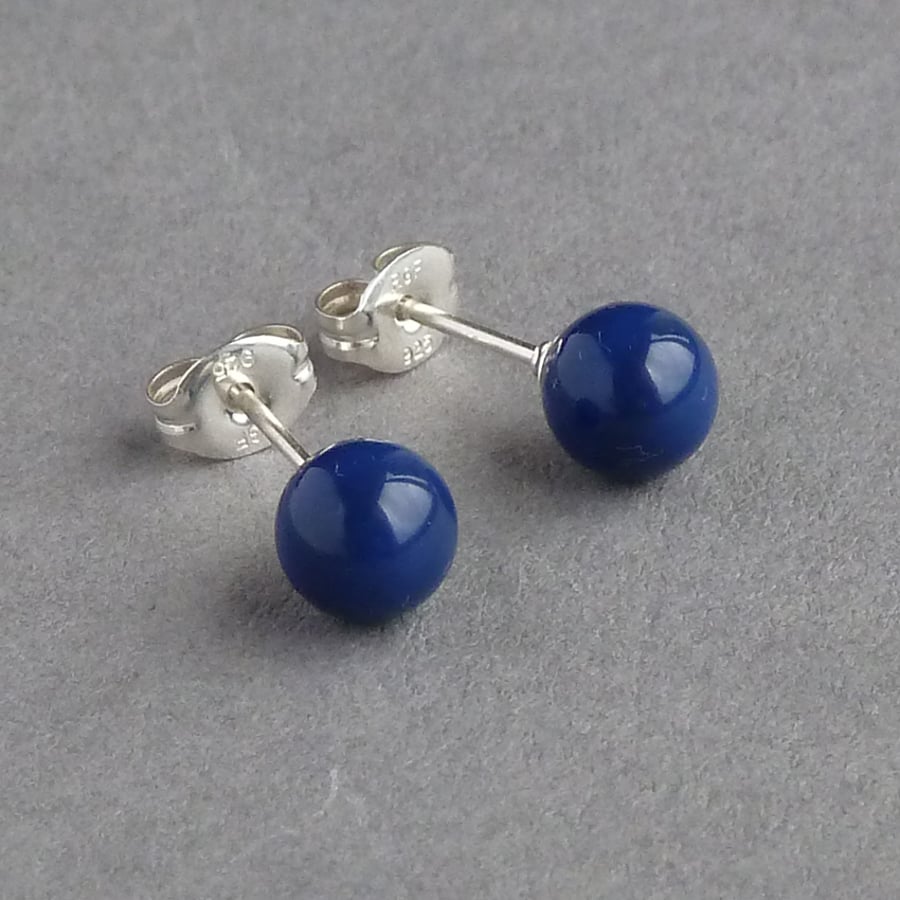 Simple 6mm Royal Blue Stud Earrings - Round Dark Lapis Glass Pearl Studs - Navy