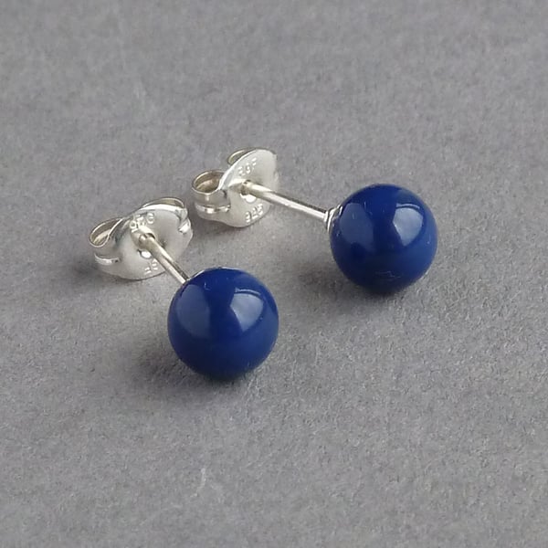 Simple 6mm Royal Blue Stud Earrings - Round Navy Swarovski Pearl Studs - Lapis