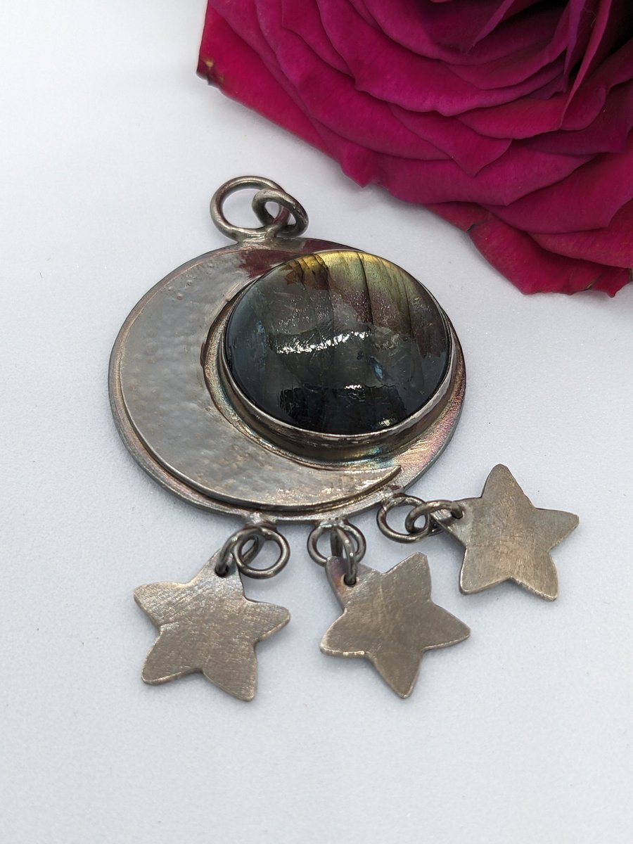 Sterling silver Laradorite pendant, Silver moon pendant with stars, Celestial si