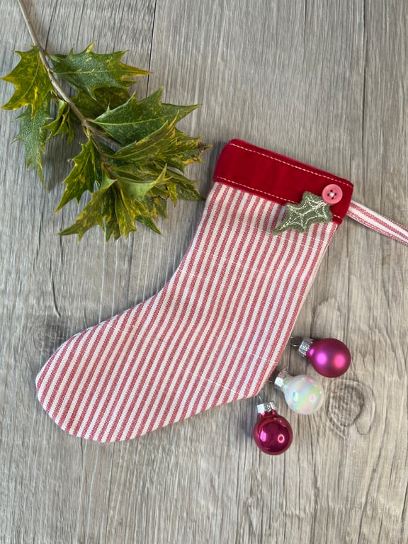 Striped Christmas Stocking Decoration with Velour Trim in Pink