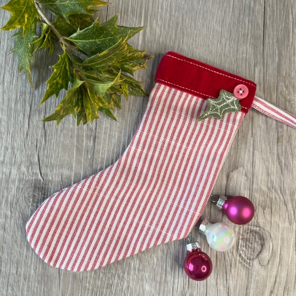 Striped Christmas Stocking Decoration with Velour Trim in Pink