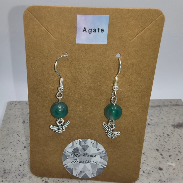 Green Agate Round Bee Charm Earrings