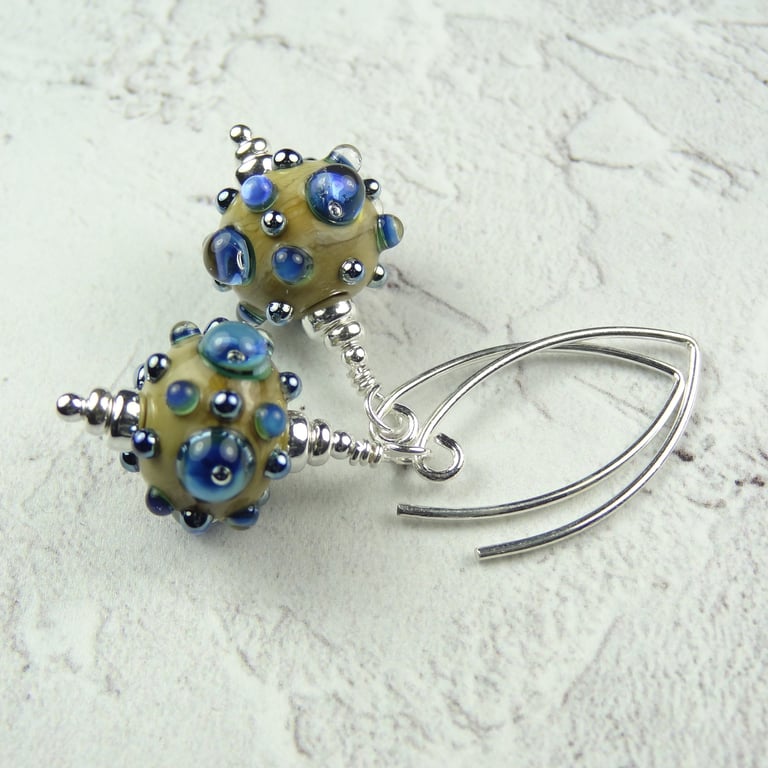 Blue and beige lampwork glass drop earrings, sterling silver, bobble handcrafted