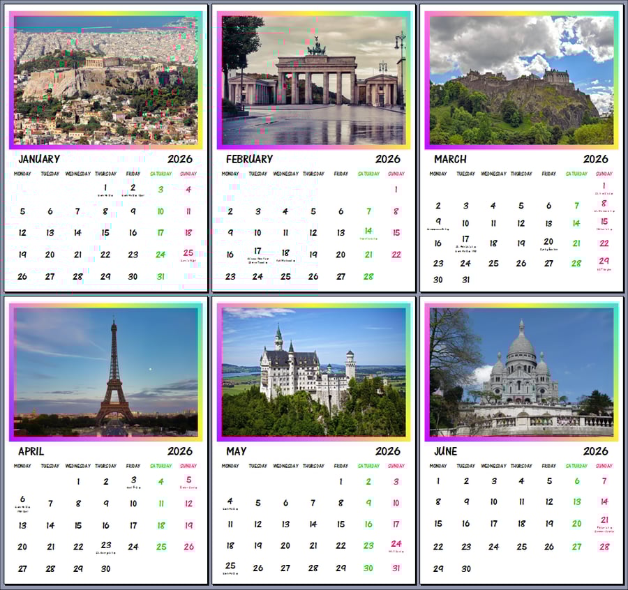 2026 A4 Calendar Europe Continent Landmarks 