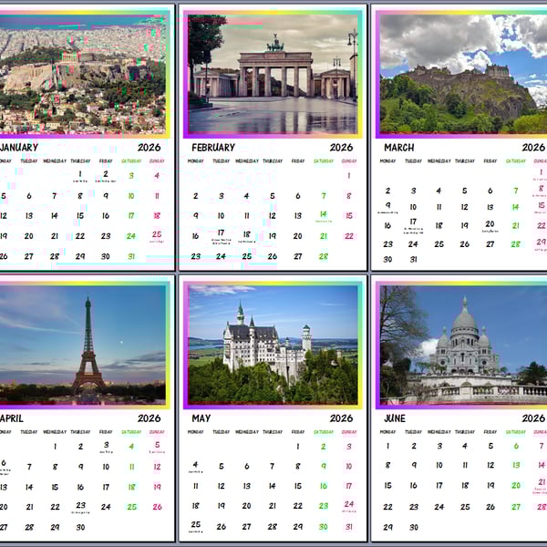 2026 A4 Calendar Europe Continent Landmarks 