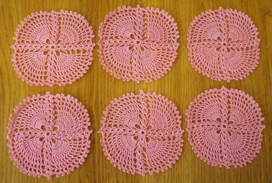 SET of 6 COTTON COASTERS in BRIGHT PINK  - LOVELY CROCHET DESIGN