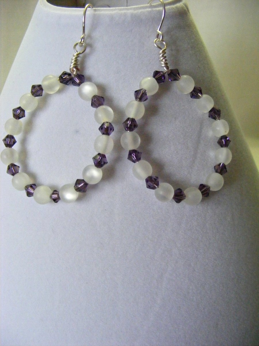 White Polaris and Purple Swarovski Hoop Earrings