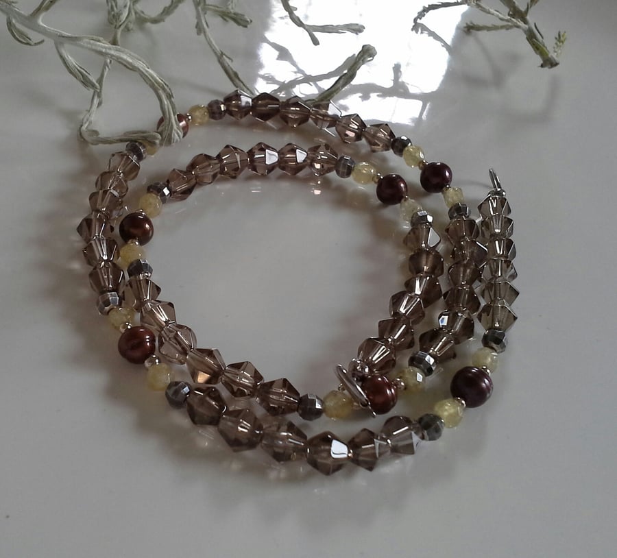Smokey Quartz, Freshwater Pearl,  Rutile Quartz Sterling Silver Necklace