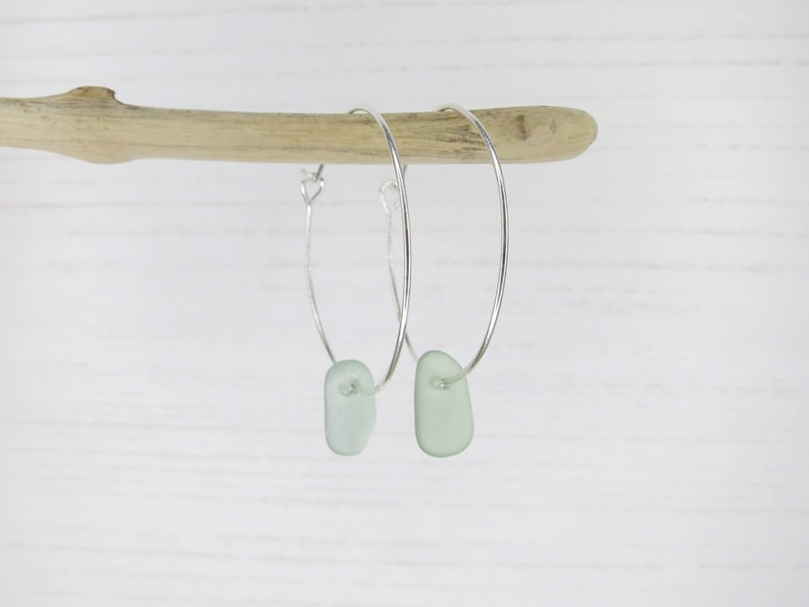 Cornish Sea Glass on 30mm Hoop Earrings - Sea Foam