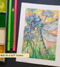 Dragonfly with blue flowers, original mixed media painting, insect artwork - Image 9